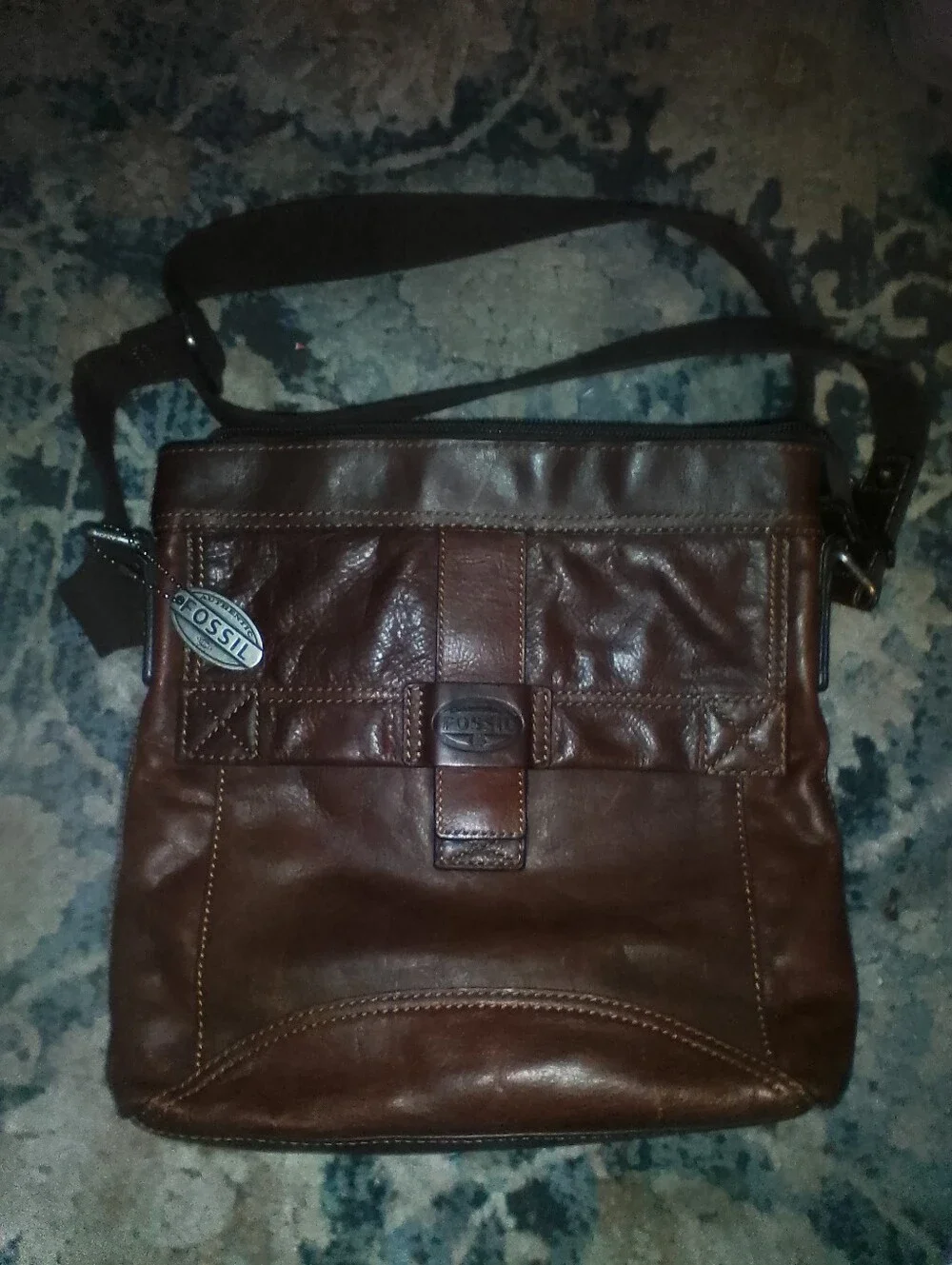 Fossil Dark Brown Leather Messenger Bag with Adjustable Strap
